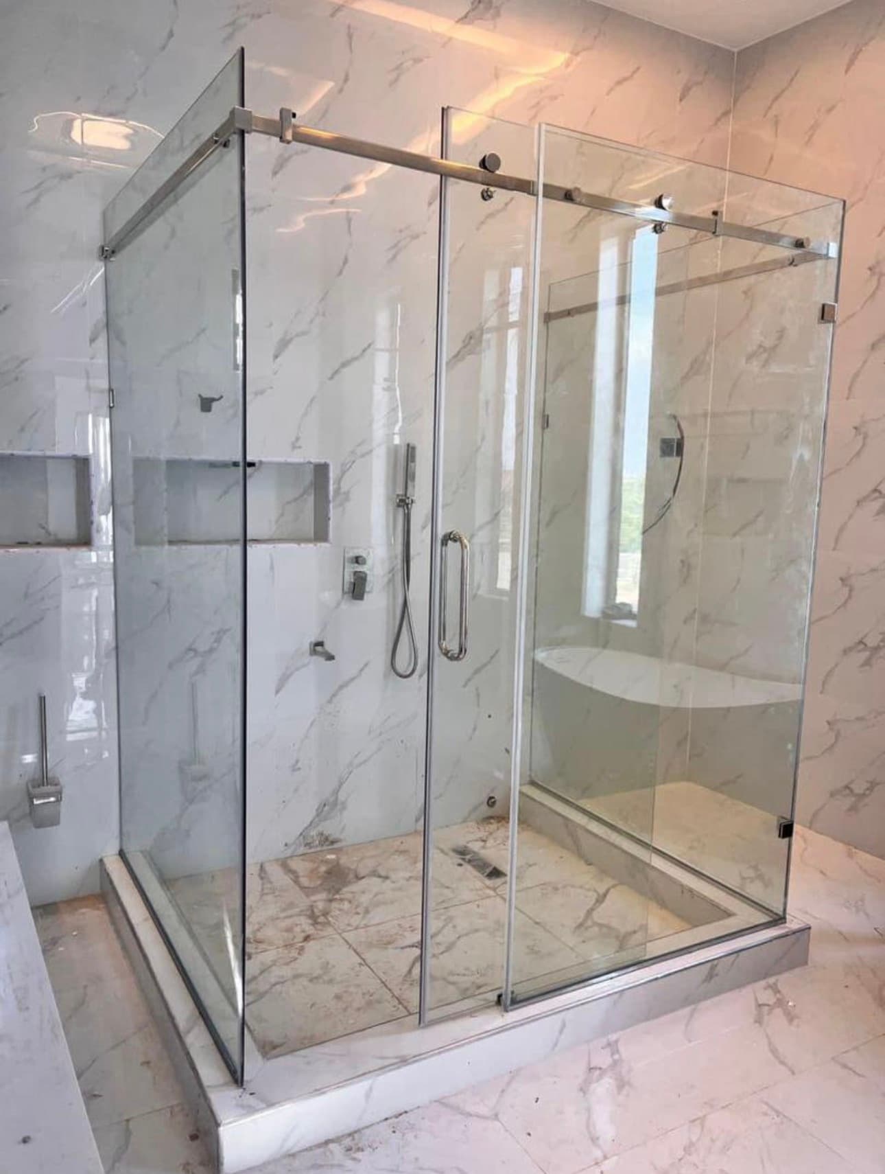 Corner sliding glass shower enclosure